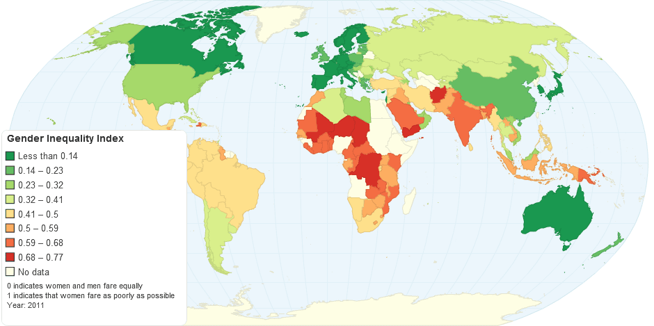 性別不平等指數全球分佈情形。圖片來源：UNDP, Human Development Report 2013